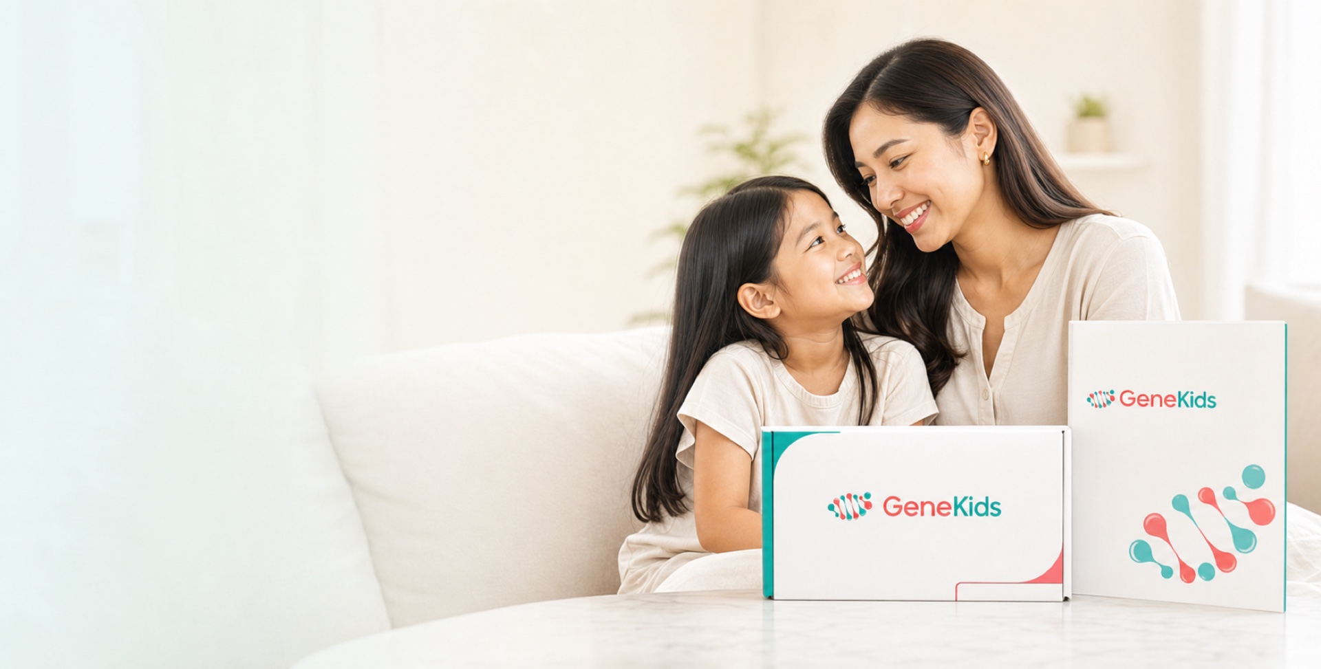 Mother and child with the GeneKids home saliva kit and report